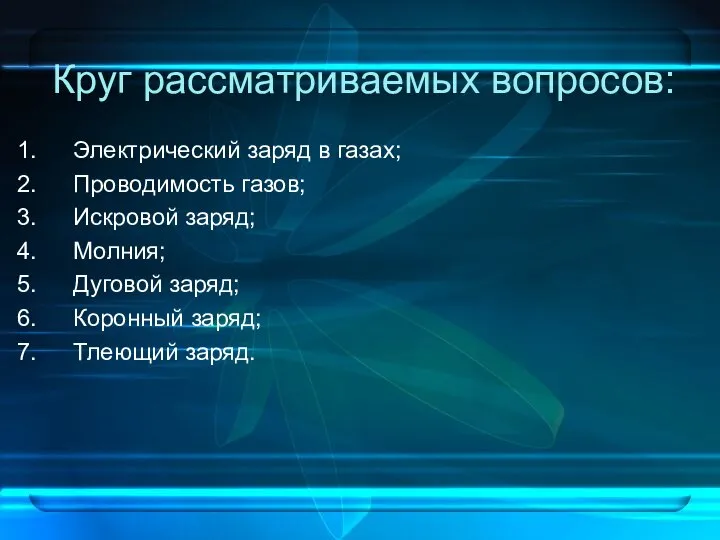 Круг рассматриваемых вопросов: Электрический заряд в газах; Проводимость газов; Искровой заряд;