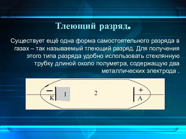 Тлеющий разряд. Существует ещё одна форма самостоятельного разряда в газах –