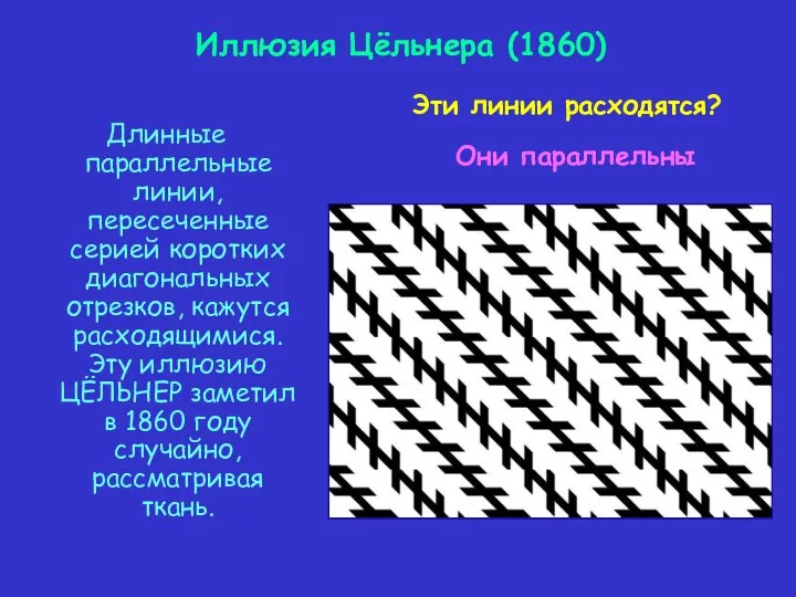 Длинные параллельные линии, пересеченные серией коротких диагональных отрезков, кажутся расходящимися. Эту