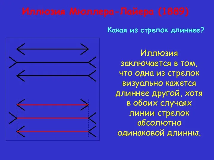 Иллюзия Мюллера-Лайера (1889) Иллюзия заключается в том, что одна из стрелок