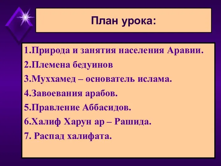 1.Природа и занятия населения Аравии. 2.Племена бедуинов 3.Муххамед – основатель ислама.