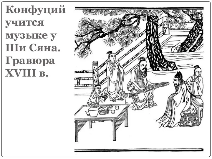 Конфуций учится музыке у Ши Сяна. Гравюра XVIII в.