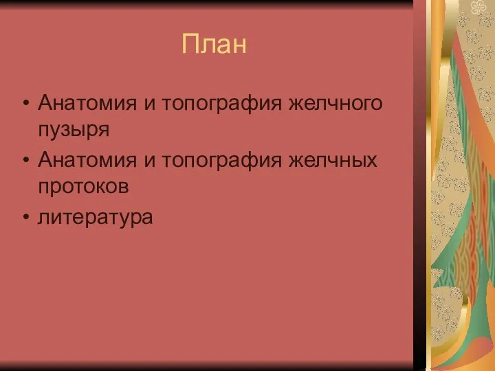 План Анатомия и топография желчного пузыря Анатомия и топография желчных протоков литература