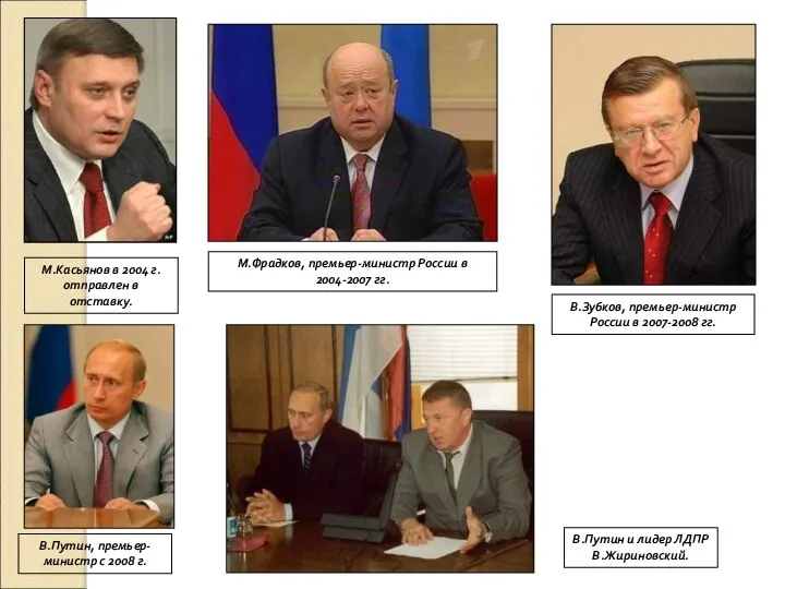 М.Касьянов в 2004 г. отправлен в отставку. М.Фрадков, премьер-министр России в