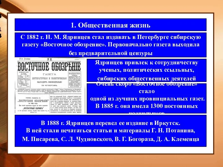 4.4.14 1. Общественная жизнь С 1882 г. Н. М. Ядринцев стал