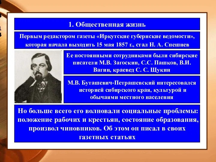 4.4.14 1. Общественная жизнь Первым редактором газеты «Иркутские губернские ведомости», которая