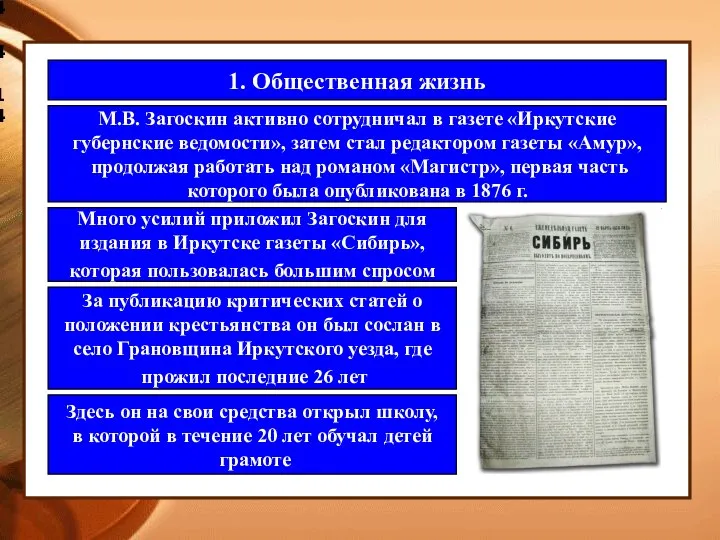 4.4.14 1. Общественная жизнь М.В. Загоскин активно сотрудничал в газете «Иркутские