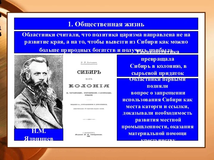 4.4.14 1. Общественная жизнь Областники считали, что политика царизма направлена не