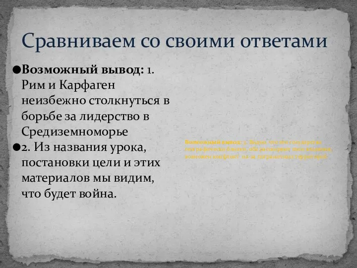 Сравниваем со своими ответами Возможный вывод: 1. Рим и Карфаген неизбежно