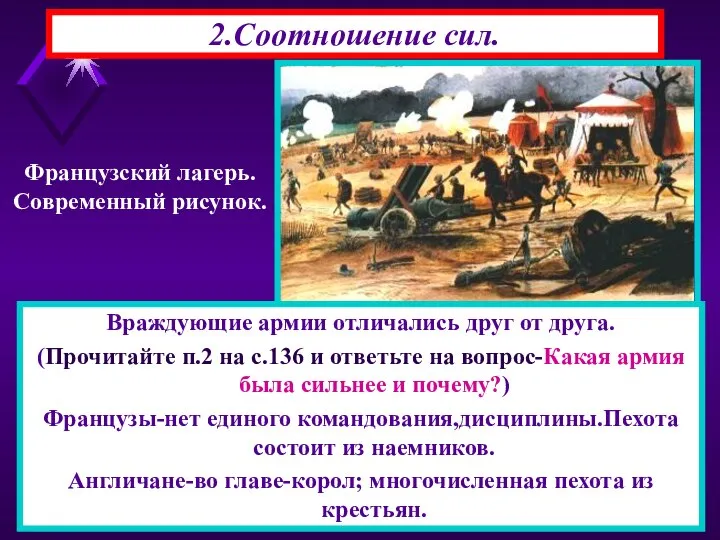 2.Соотношение сил. Враждующие армии отличались друг от друга. (Прочитайте п.2 на