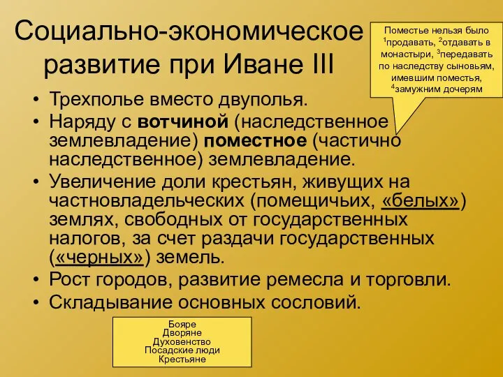 Социально-экономическое развитие при Иване III Трехполье вместо двуполья. Наряду с вотчиной