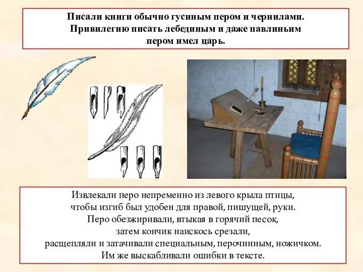 Писали книги обычно гусиным пером и чернилами. Привилегию писать лебединым и