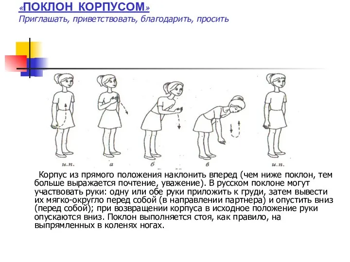 «ПОКЛОН КОРПУСОМ» Приглашать, приветствовать, благодарить, просить Корпус из прямого положения наклонить