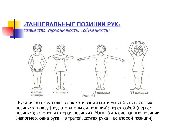 «ТАНЦЕВАЛЬНЫЕ ПОЗИЦИИ РУК» Изящество, гармоничность, «обученность» Руки мягко округлены в локтях