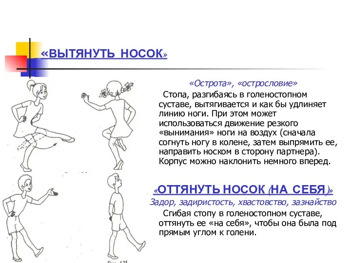 «ВЫТЯНУТЬ НОСОК» «Острота», «острословие» Стопа, разгибаясь в голеностопном суставе, вытягивается и