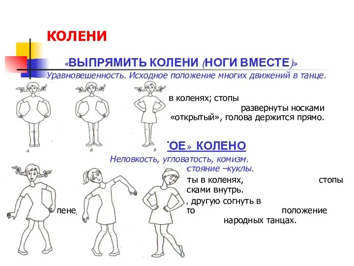 КОЛЕНИ «ВЫПРЯМИТЬ КОЛЕНИ (НОГИ ВМЕСТЕ)» Уравновешенность. Исходное положение многих движений в