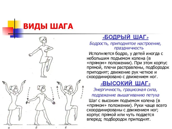 ВИДЫ ШАГА «БОДРЫЙ ШАГ» Бодрость, приподнятое настроение, праздничность Исполняется бодро, у