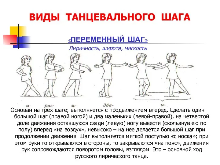 ВИДЫ ТАНЦЕВАЛЬНОГО ШАГА «ПЕРЕМЕННЫЙ ШАГ» Лиричность, широта, мягкость Основан на трех-шаге;