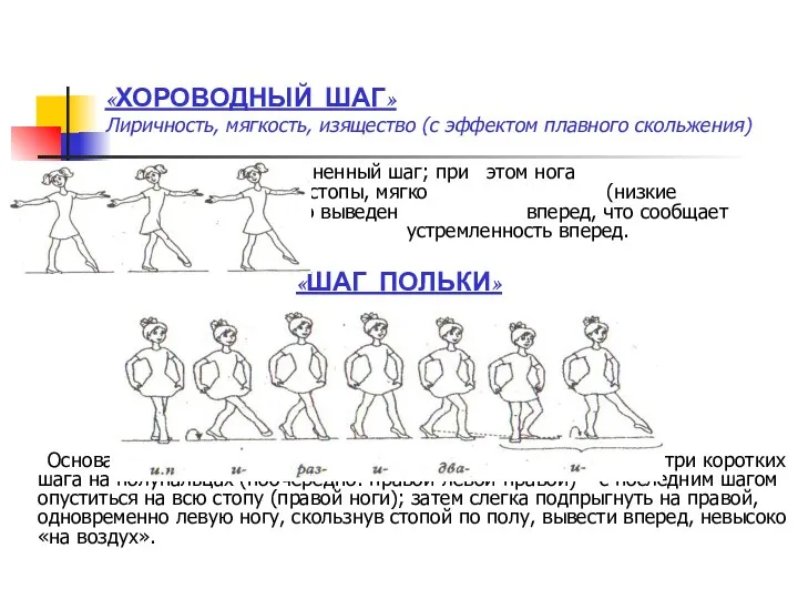 «ХОРОВОДНЫЙ ШАГ» Лиричность, мягкость, изящество (с эффектом плавного скольжения) Несколько удлиненный