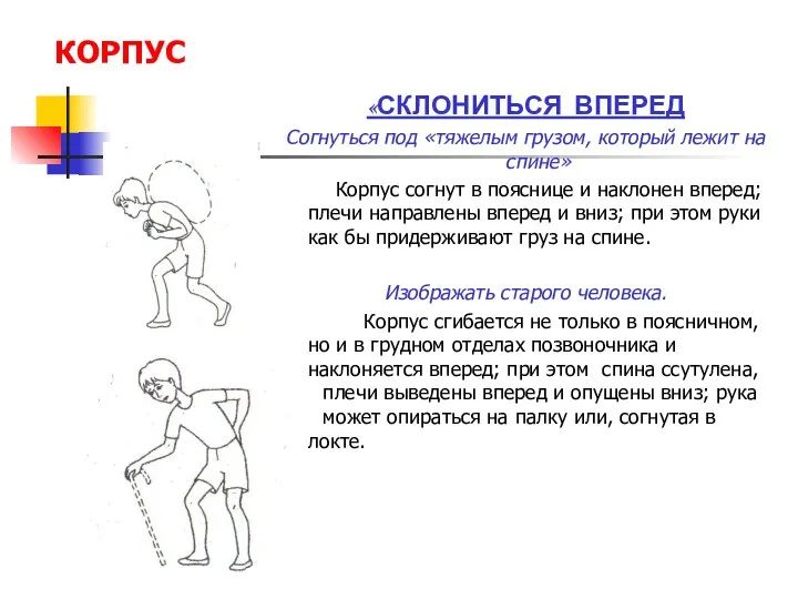 КОРПУС «СКЛОНИТЬСЯ ВПЕРЕД Согнуться под «тяжелым грузом, который лежит на спине»