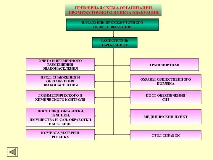 ПРИМЕРНАЯ СХЕМА ОРГАНИЗАЦИИ ПРОМЕЖУТОЧНОГО ПУНКТА ЭВАКУАЦИИ НАЧАЛЬНИК ПРОМЕЖУТОЧНОГО ПУНКТА ЭВАКУАЦИИ ЗАМЕСТИТЕЛЬ