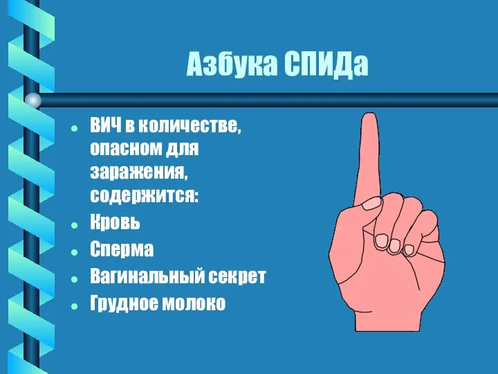 Азбука СПИДа ВИЧ в количестве, опасном для заражения, содержится: Кровь Сперма Вагинальный секрет Грудное молоко