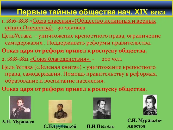 1. 1816-1818 «Союз спасения»(Общество истинных и верных сынов Отечества) – 30