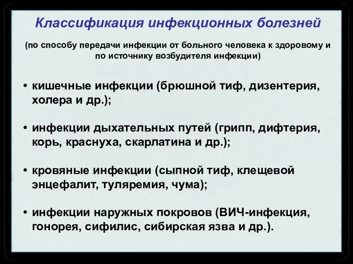 Классификация инфекционных болезней (по способу передачи инфекции от больного человека к