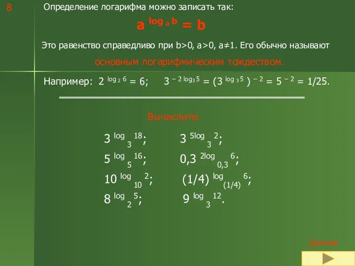 Определение логарифма можно записать так: a log a b = b