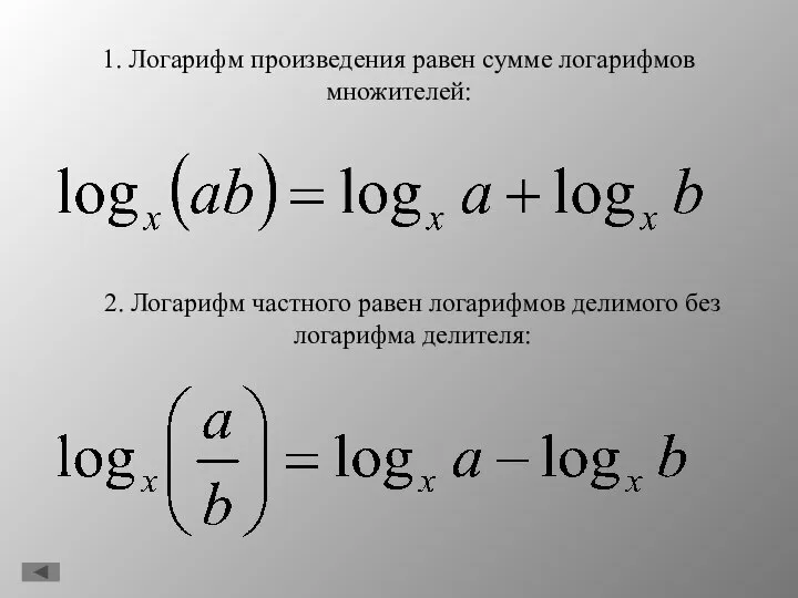 1. Логарифм произведения равен сумме логарифмов множителей: 2. Логарифм частного равен логарифмов делимого без логарифма делителя: