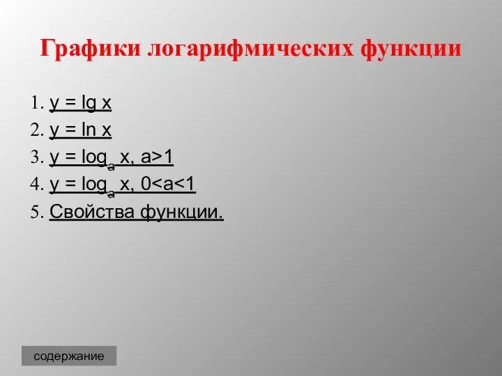 Графики логарифмических функции 1. y = lg x 2. y =