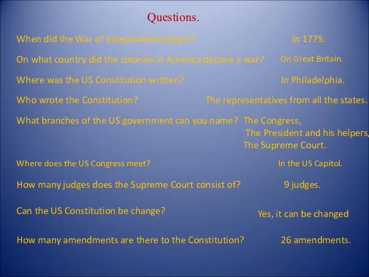 When did the War of Independence begin? Questions. In 1775. On