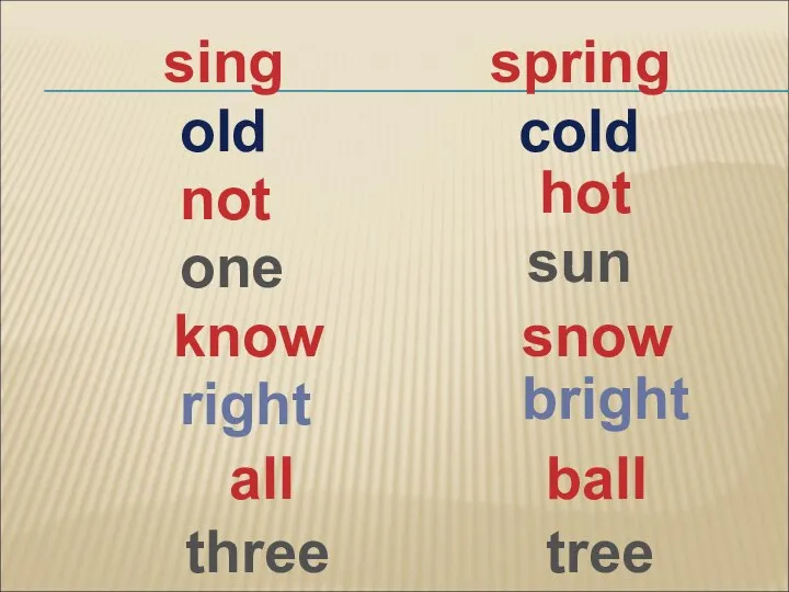 sing cold old spring not ball one hot know snow right sun all tree three bright