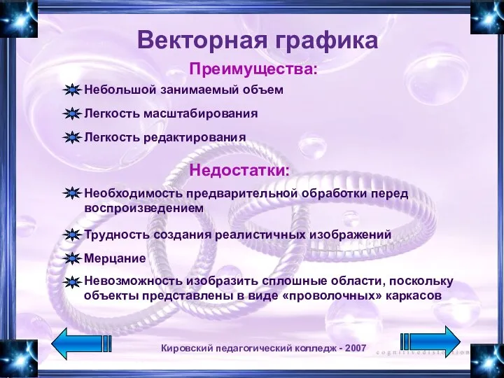 Кировский педагогический колледж - 2007 Векторная графика Преимущества: Небольшой занимаемый объем