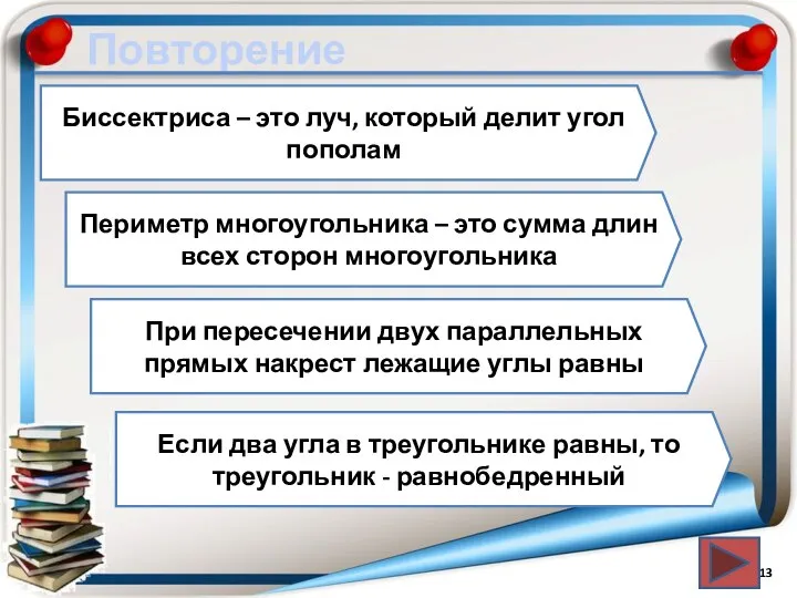 Повторение Биссектриса – это луч, который делит угол пополам Периметр многоугольника