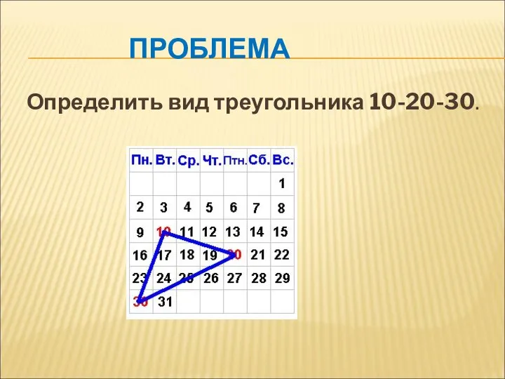 ПРОБЛЕМА Определить вид треугольника 10-20-30.