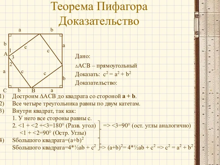 Теорема Пифагора Доказательство Дано: ∆ACB – прямоугольный Доказать: c2 = a2