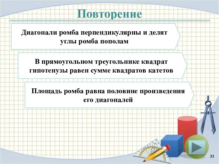 Повторение Диагонали ромба перпендикулярны и делят углы ромба пополам В прямоугольном