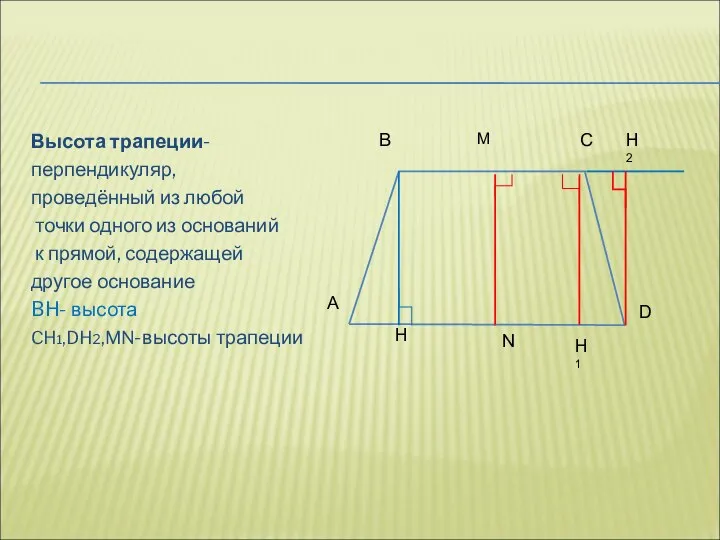 Высота трапеции- перпендикуляр, проведённый из любой точки одного из оснований к