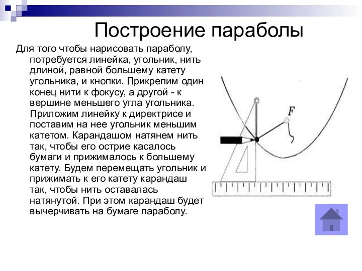 Построение параболы Для того чтобы нарисовать параболу, потребуется линейка, угольник, нить