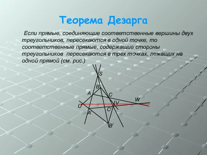 Теорема Дезарга Если прямые, соединяющие соответственные вершины двух треугольников, пересекаются в