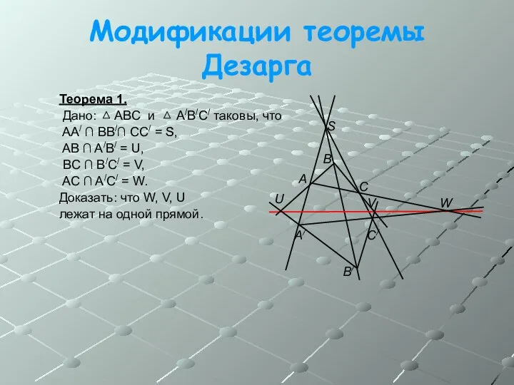 Модификации теоремы Дезарга Теорема 1. Дано: ABC и A/B/C/ таковы, что