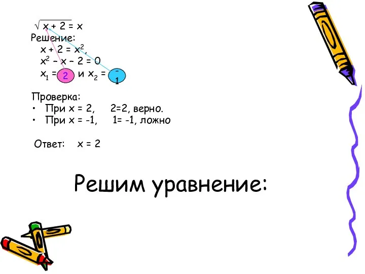 Решим уравнение: √ х + 2 = х Решение: х +