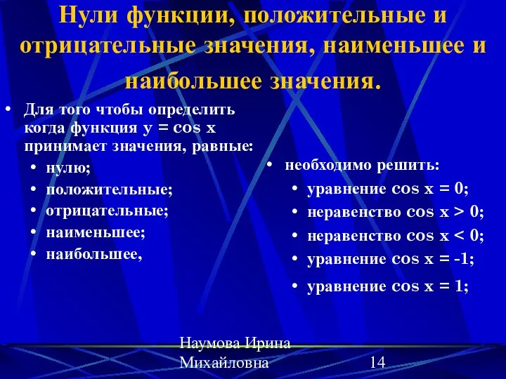 Наумова Ирина Михайловна Нули функции, положительные и отрицательные значения, наименьшее и