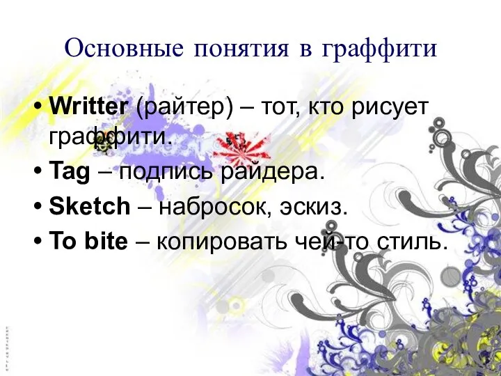 Основные понятия в граффити Writter (райтер) – тот, кто рисует граффити.