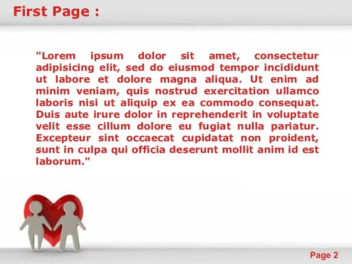 First Page : "Lorem ipsum dolor sit amet, consectetur adipisicing elit,