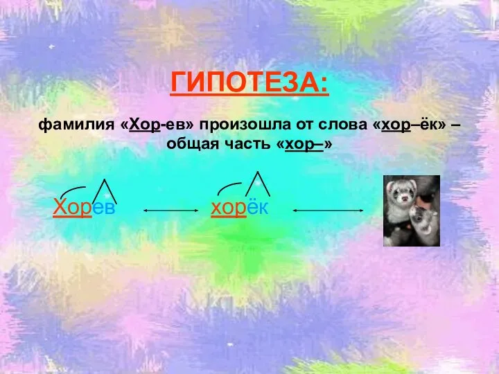 ГИПОТЕЗА: фамилия «Хор-ев» произошла от слова «хор–ёк» – общая часть «хор–» Хорев хорёк