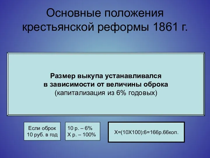 Основные положения крестьянской реформы 1861 г. Размер выкупа устанавливался в зависимости