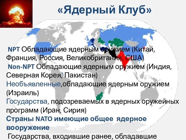 «Ядерный Клуб» NPT Обладающие ядерным оружием (Китай, Франция, Россия, Великобритания, США)