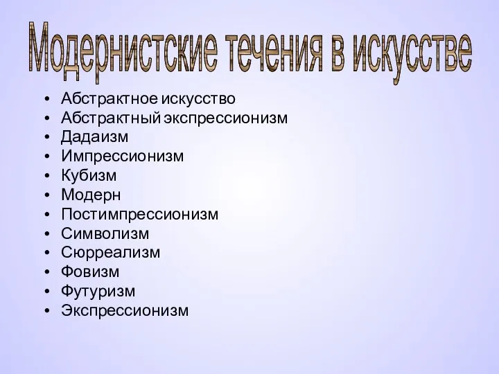 Абстрактное искусство Абстрактный экспрессионизм Дадаизм Импрессионизм Кубизм Модерн Постимпрессионизм Символизм Сюрреализм